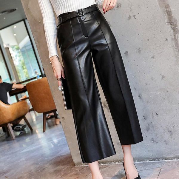 

women's pants & capris autumn faux pu leather women with belt high waisted wide leg anke-length trousers 2021 spring fashion clothes, Black;white