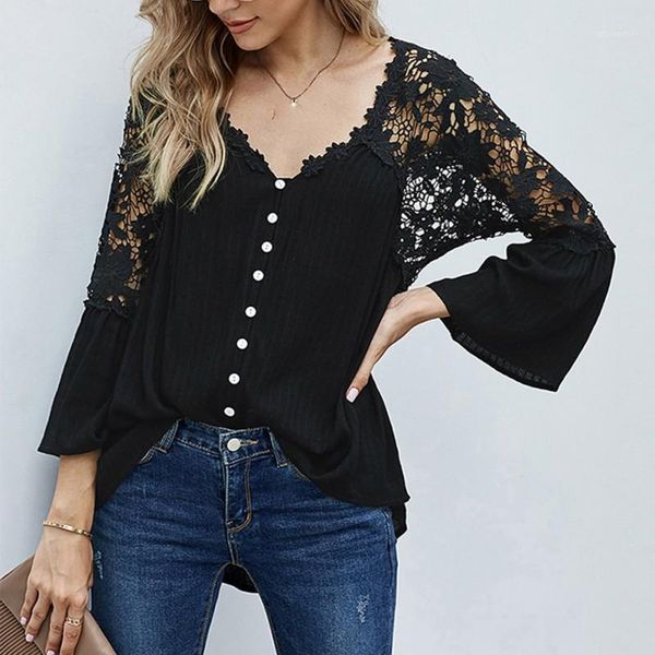 

women's t-shirt ladies lace hollow out spring summer long sleeve deep v pullover for, White