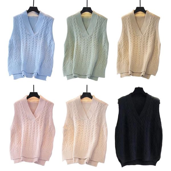 

women autumn cable knitted sleeveless vest v-neck solid color pullover sweater casual loose high low jumper tank top, White;black