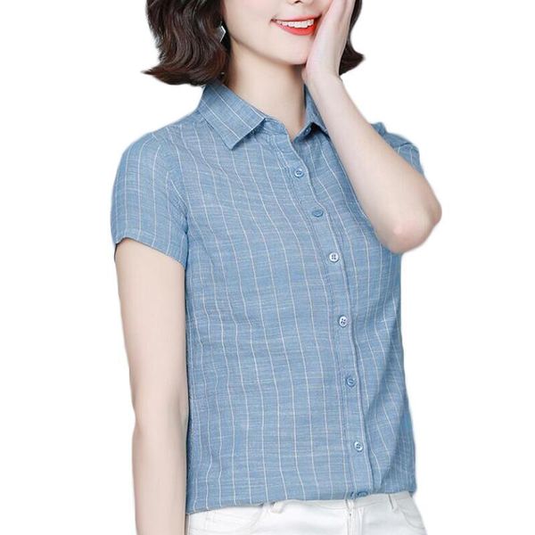 

women's blouses & shirts vintage cotton linen blouse women summer short sleeve striped shirt plus size office blusa mujer, White