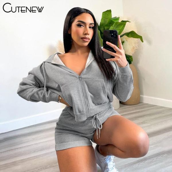 

women's tracksuits cute casual solid sporty two piece sets women outfits fashion zipper hooded coat+lace up slim shorts matching lady t, Gray
