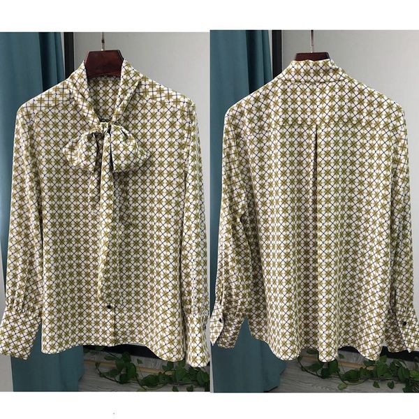 

2021 100% silk spring and autumn new fashion letter c printing single-breasted classic ribbon shirt 3ouk, White