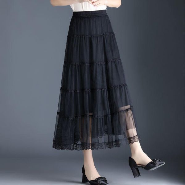 

skirts 2021 summer women fashion long tulle pleated elastic high waist office elegant slim mesh a-line clothes chic z256, Black