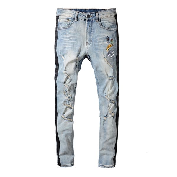 

new fashionable male spring trend lean jean feet garnished retro-striped garnish pants embroidered b4nm, Blue