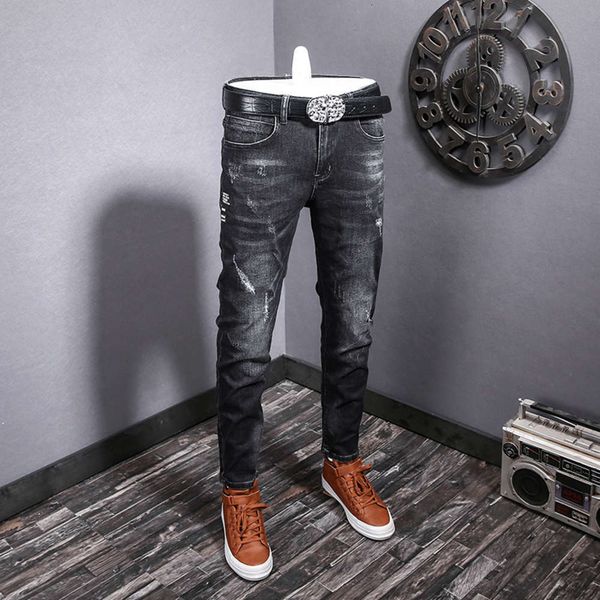 

spring autumn black grey jeans men's elastic brand youth versatile fashion long pants hole japan and south koreawinter, Blue