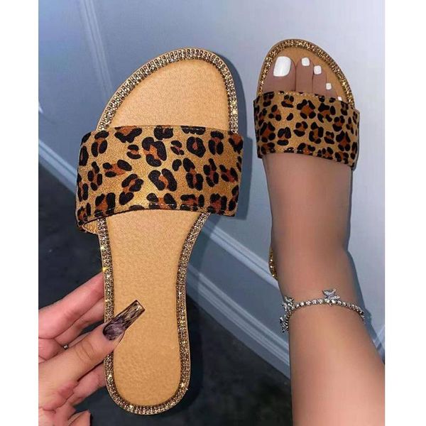 

slippers 2021 summer style flat sandals fashion rhinestone leopard print outdoor women's shoes plus size 43, Black