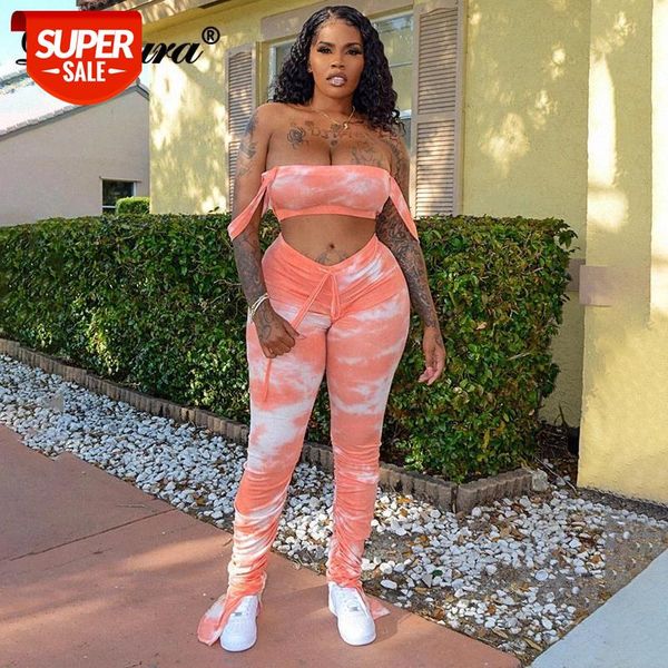 

Dulzura tie dye women 2 piece set crop top off shoulder stacked pants bodycon sexy streetwear elegant 2020 summer outfit co ord #p355, White