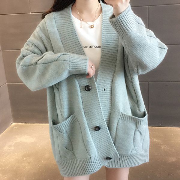 

2021 new solid deep v-neck woman's sweater long sleeve ladies cardigan with pockets and buttons warm knit cardigans for female odtt, White;black