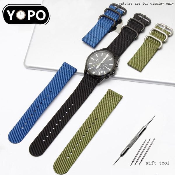 

watch bands nylon canvas strap 16 18 20 22 24 26mm black armygreen blue wristband with stainless steel buckle for men's accessories, Black;brown
