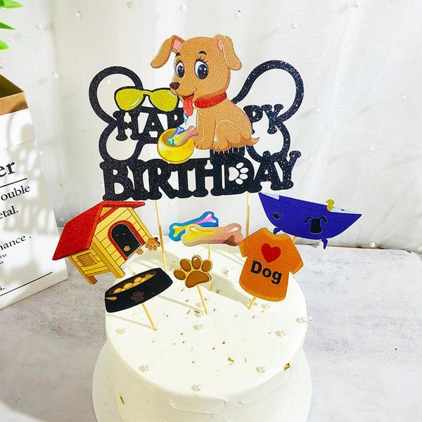 Altre forniture per feste festive Topper per torta Carta glitterata Animale domestico Cane dorato Buon compleanno Osso carino per decorazioni per cani