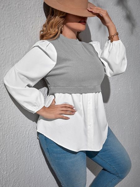 

plus colorblock lantern sleeve 2 in 1 blouse h7kg#, Black