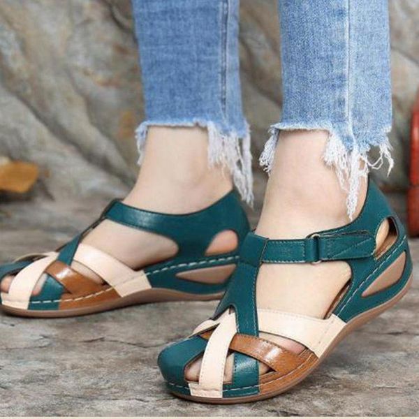 

sandals lightweight patent leather women's 2021 summer round toe wedge cross buckle, Black