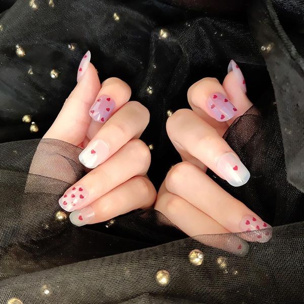 

false nails 24 pcs/set nude pink red hearts short flat shape uv gel glue fake reusable full cover square with sticker, Red;gold