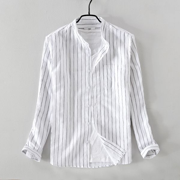 

2021 new arrival casual men's striped small stand collar cotton linen shirt mens white pocket shirts male camisa chemise m5mx