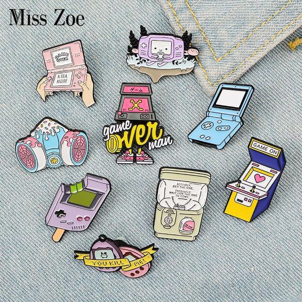 

pins, brooches game enamel pin custom pink purple nostalgic gashapon bag clothes lapel handheld console badge jewelry gift, Gray