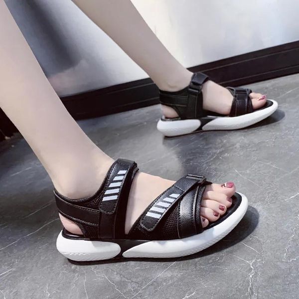 

sandals pu leather hook & loop light beach shoes korean style hollow comfort peep toe summer women vintage platform casual, Black