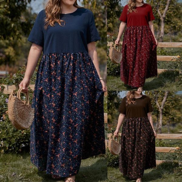 

casual dresses oversize female summer o neck dress women fashion print short sleeves splicing long maxi vestidos mujer robes, Black;gray