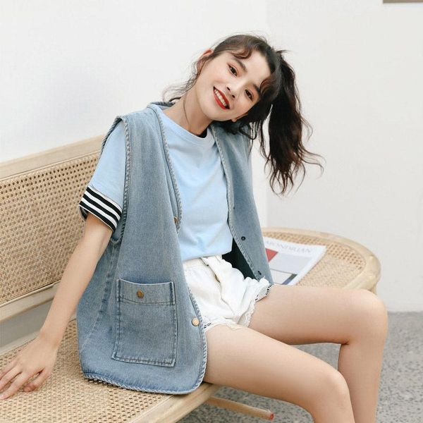 

women's vests womens cowboy vest spring summer loose korean girls wild bf harajuku sleeveless denim jacket casual v-neck button waistco, Black;white