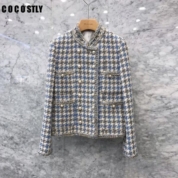 

luxury autumn winter tweed plaid jacket coat korean woman jackets double-breasted pearl woolen outerwear women's, Black;brown