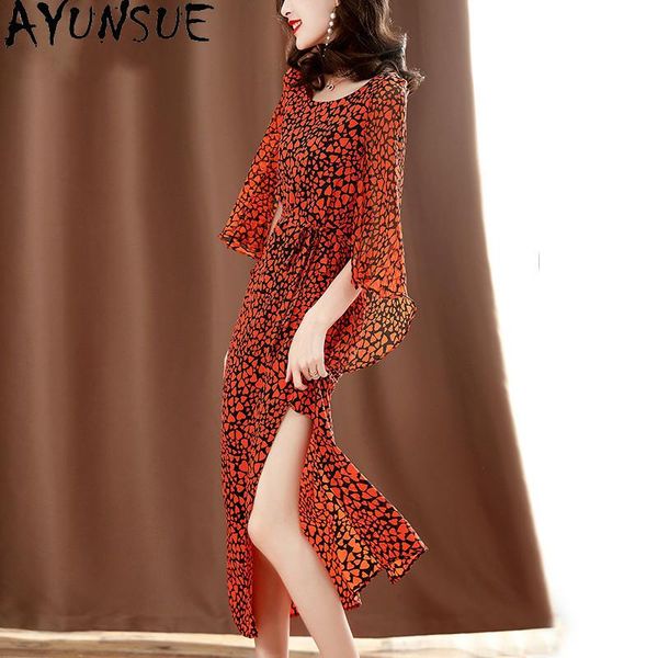

ayunsue 100% real silk dress spring summer dresses for women long elegant dress female floral 2021 vestido de mujer, Black;gray