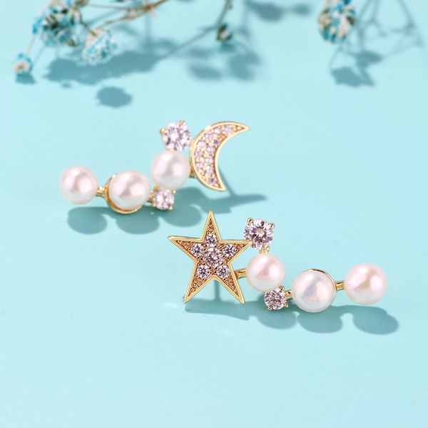 

romantic star and moon stud earrings white or pink small pearl hoop 18k gold plated with 925 silver pins micro set delicate gifts for female, Golden;silver