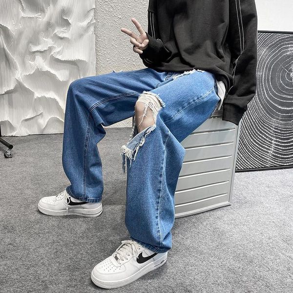 

men's jeans ripped loose straight pants trend teenagers hip hop casual baggy homme oversized streetwear denim trousers, Blue
