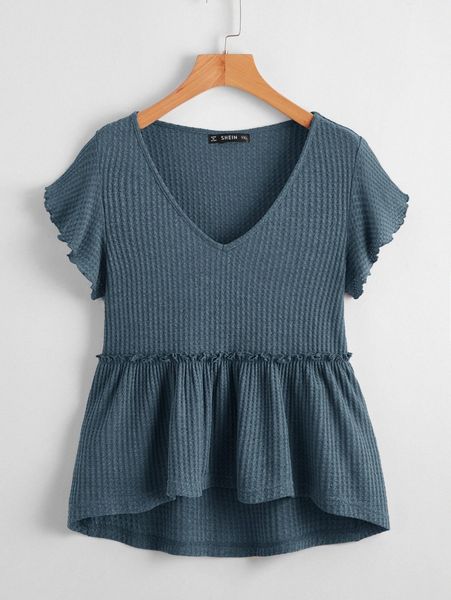 

plus waffle knit flutter sleeve smock f0xx#, White