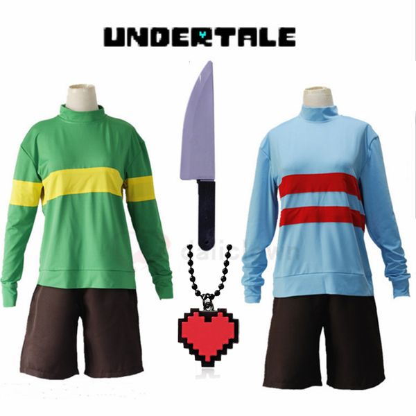 

anime costumes anime game chara frisk undertale cosplay costume sweatshirt high collar long sleeve jacket shorts knife heart necklace, Black