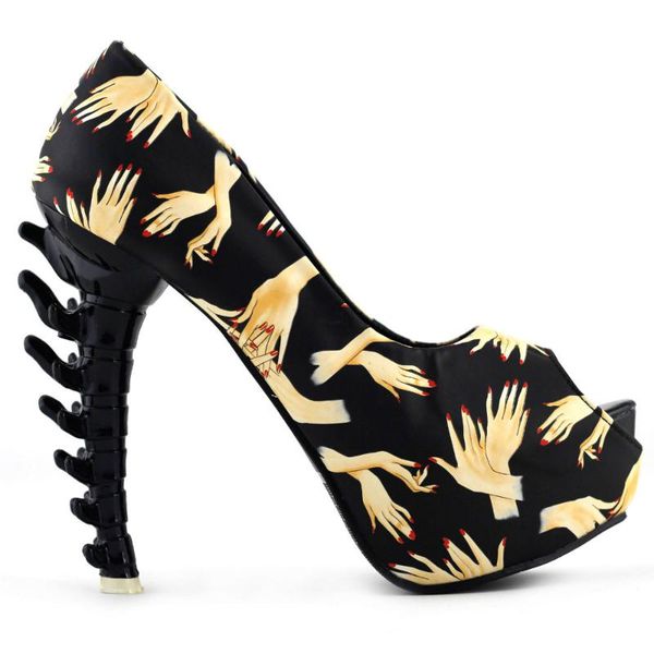 

dress shoes lf80623 fashion red hand print open toe platform bone heels party club pump, Black