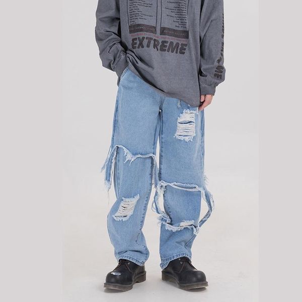 

men's jeans 20ss harajuku streetwear hole ripped pants men and women loose straight frayed denim trousers hip hop baggy track, Blue