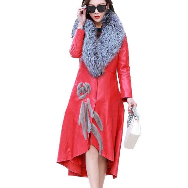 

women's leather & faux 2021 pu jacket for spring autumn slim big fur collar long coat female plus size outerwear 7xla390, Black