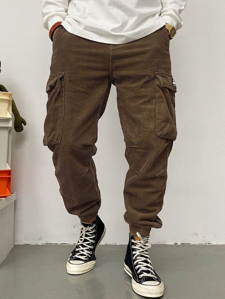 

men drawstring waist patch detail cargo pants 88v2#, Black