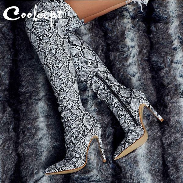 

boots coolcept women over knee fashion snake print thin high heels long keep warm pointed toe footwear size 35-42, Black