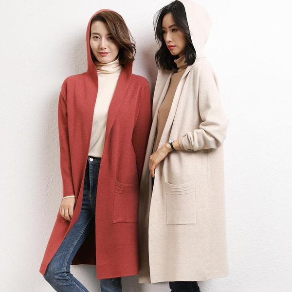 

women's sweaters 2021 women knit cardigan autumn winter fashion warm cashmere wool and long cardigans hooded solid casual coats, White;black