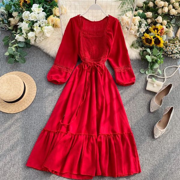 

casual dresses whcw cgdsr a-line runway 2021 elegant vintage long sleeve party autumn winter women luxury boho dress female solid vesti, Black;gray