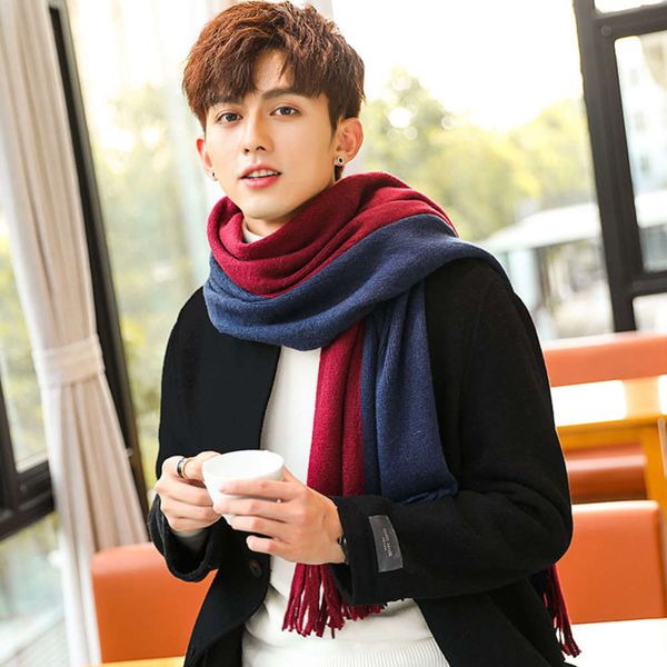 

winter new versatile korean simple men's scarf knitting wool neck student long young people, Blue;black