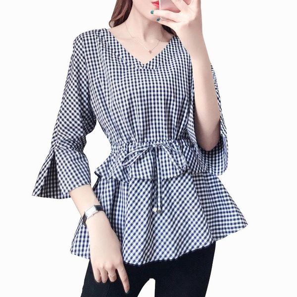 

women's blouses & shirts vintage v-neck plaid tunic blouse women 2021 korean fashion long sleeve office lady plus size clothes, White