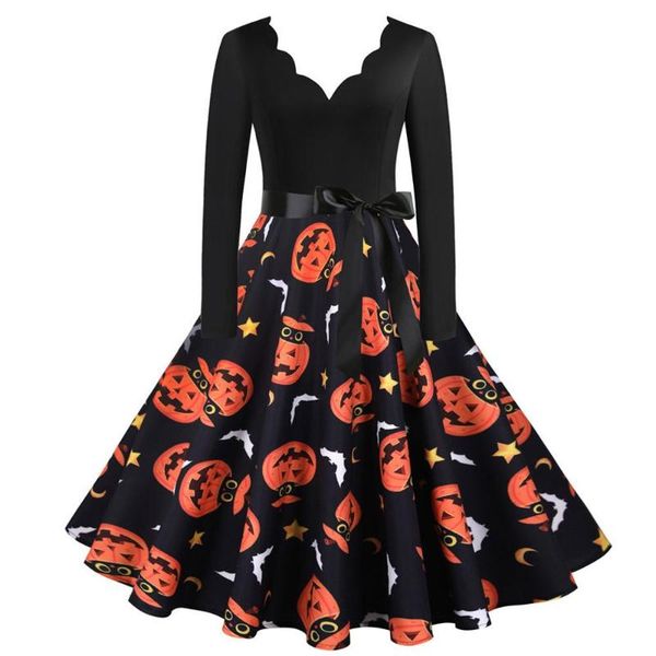 

vintage women halloween dress v neck long sleeve orange pumpkin print dresses party hepburn style dress vestido de mujer, Black;gray