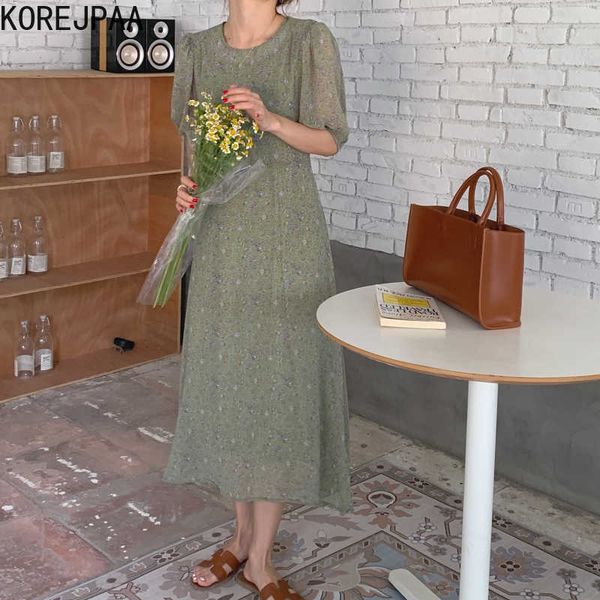 Korejpaa Vrouwen Jurk Zomer Koreaanse Chic Zachte Ronde Hals Afslanken Lace-Up Taille Bladerdeeg Mouw Chiffon Groene Bloemen Vestidos 210526