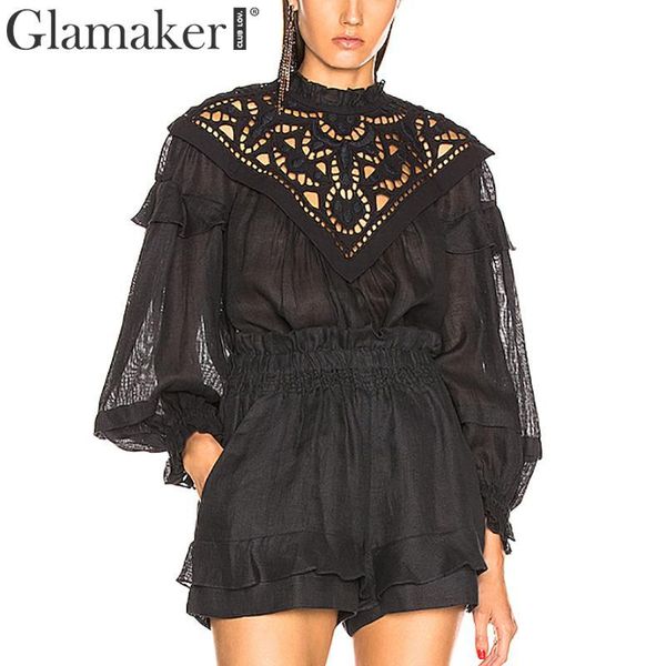 

women's blouses & shirts glamaker hollow out women blouse ladies female elegant long lantern sleeve shirt autumn winter black, White