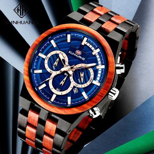 

wristwatches relogio masculino watch men kunhuang wood military stainless steel customize name chronograph wristwatch anniversary gift, Slivery;brown