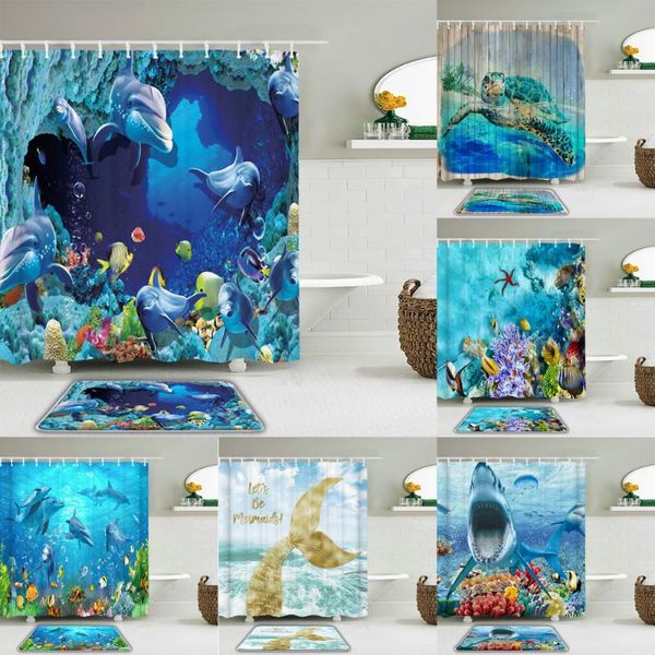 

shower curtains 2pcs/set ocean sea dolphin fish curtain set bathroom waterproof polyester cloth +non-slip mat toilet home decor