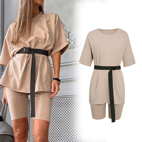 

women's shorts summer tracksuits women khaki loose casual two pieces short sleeve t shirts and high waist pants daily solid sportswear, White;black