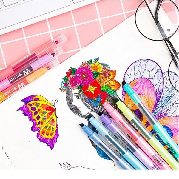 

10pcs/set double head erasable highlighter pen markers chisel tip marker fluorescent school writing highlighters co qylnuy