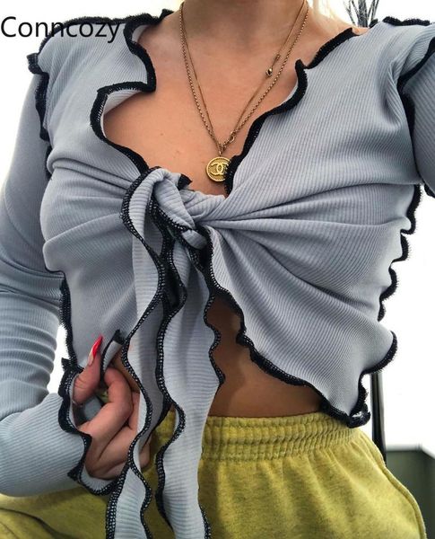 

women's t-shirt women short t-shirts 2021 autumn gothic clothes street v-neck knot ruffle long-sleeve ladies crop blue red nous, White