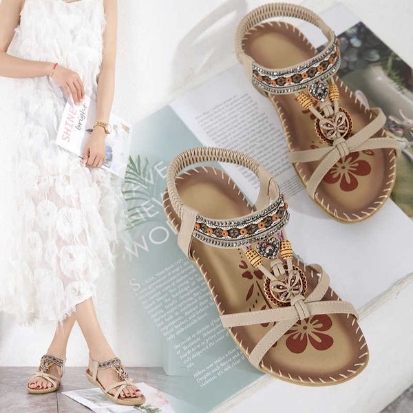 Böhmische frauen Sandalen 2021 Neue Große Größe Flache Blume Strass Open-toed Strand De Las Mujeres Chaussure Femme Y0721