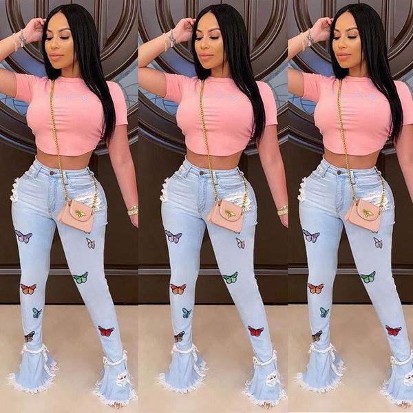 

women's jeans design flared trousers with fringed holes and butterfly print denim pants plus size, Blue