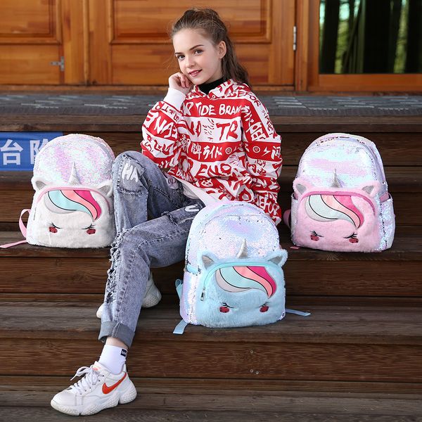 

2020 fashion cartoon unicorn backpack colorful sequin kids school bags for girls toddler children travel bags mochila escolar