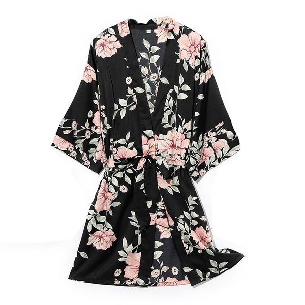 

women's sleepwear print flower robe kimono bathrobe gown silky soft nightgown nightdress casual lady black home dress wedding, Black;red