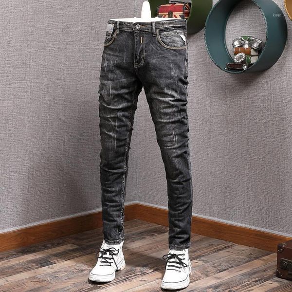 

men's jeans european vintage fashion men retro black gray elastic slim fit ripped distressed designer casual denim pants, Blue